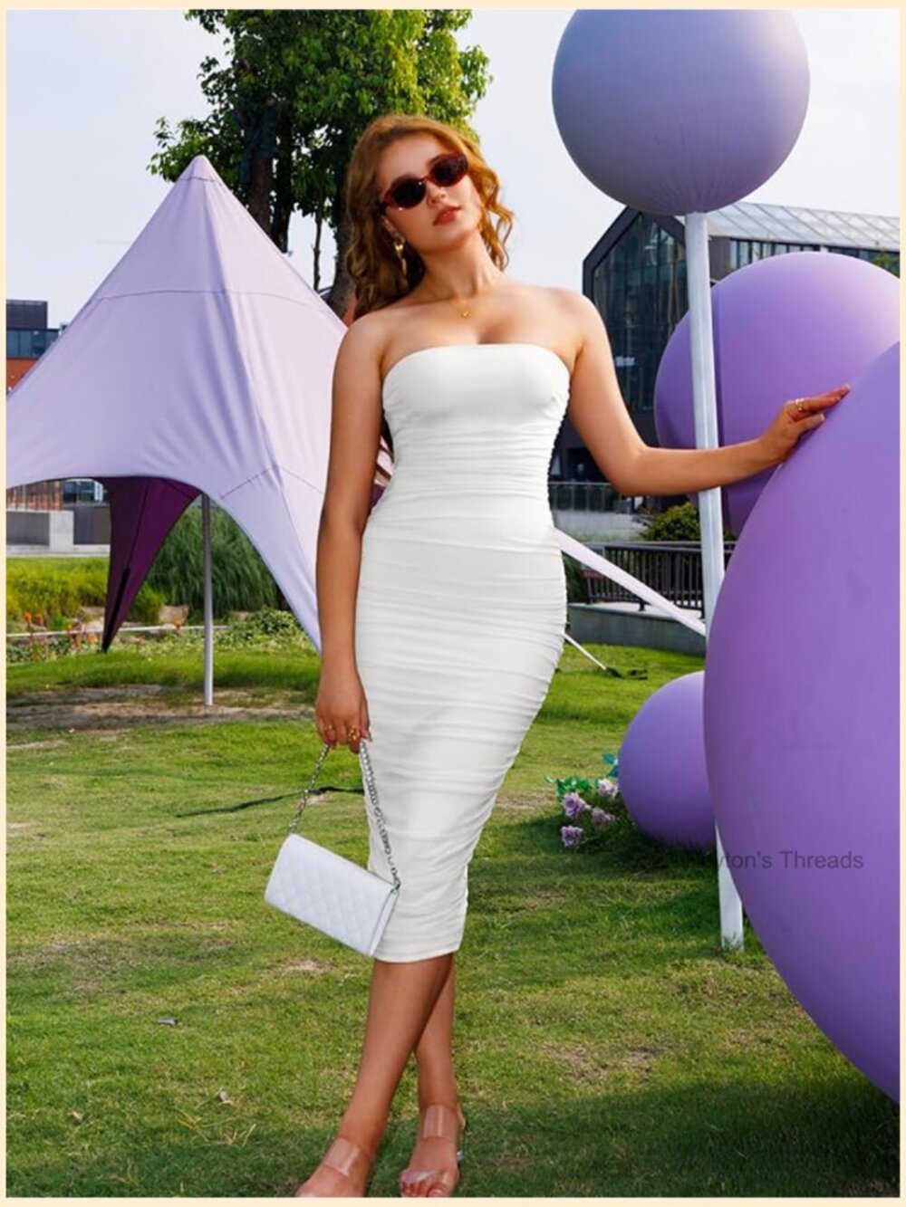 Sexy Strapless Bodycon Ruched Midi Club Party Dress Sleeveless - Picture 3 of 7